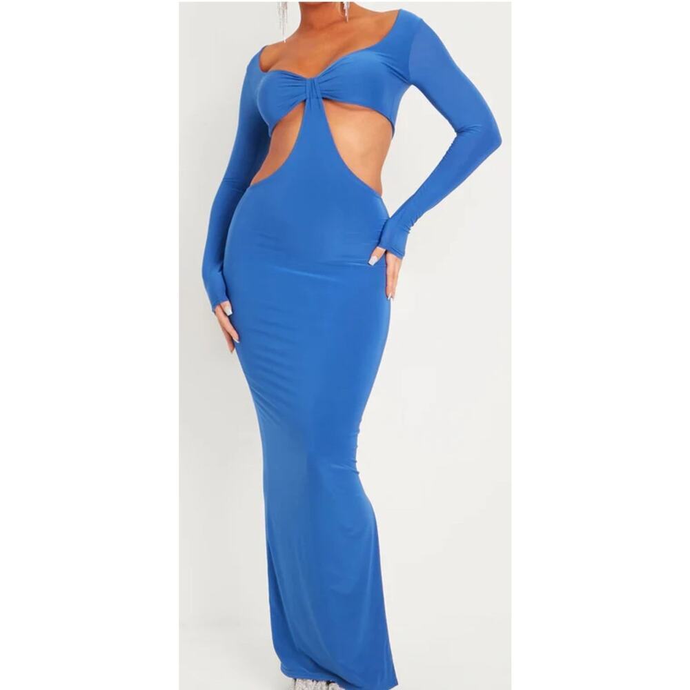 Nasty Gal Cobalt Blue Ribbed Slinky Long Sleeve Cut Out MaxiDress Size 0